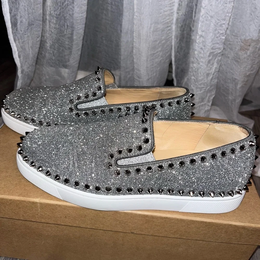 Christian Louboutin Calfskin Spikes Pik Boat Glitter Sneakers 37.5 Silver - Picture 2 of 6